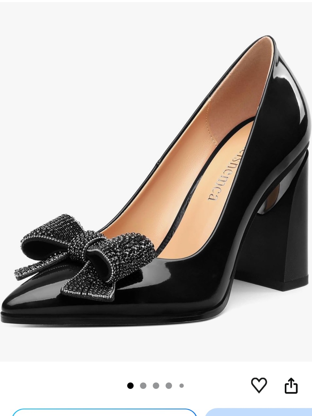 Patent Black Crystal Bow Block-Heel Pumps